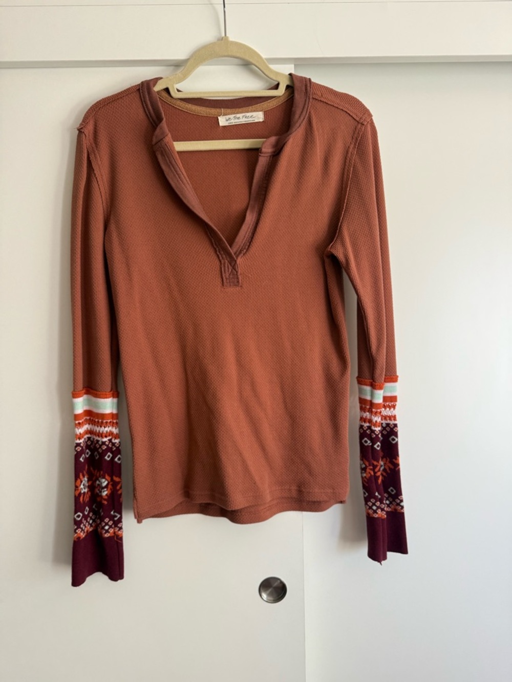 We The Free Rust Long-Sleeve Henley with Patterned Cuffs